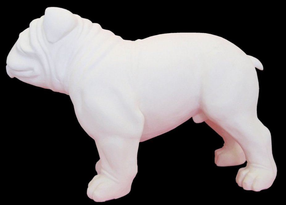 White fiberglass bulldog sculpture facing left, featuring a muscular body, short tail, and detailed facial folds.
