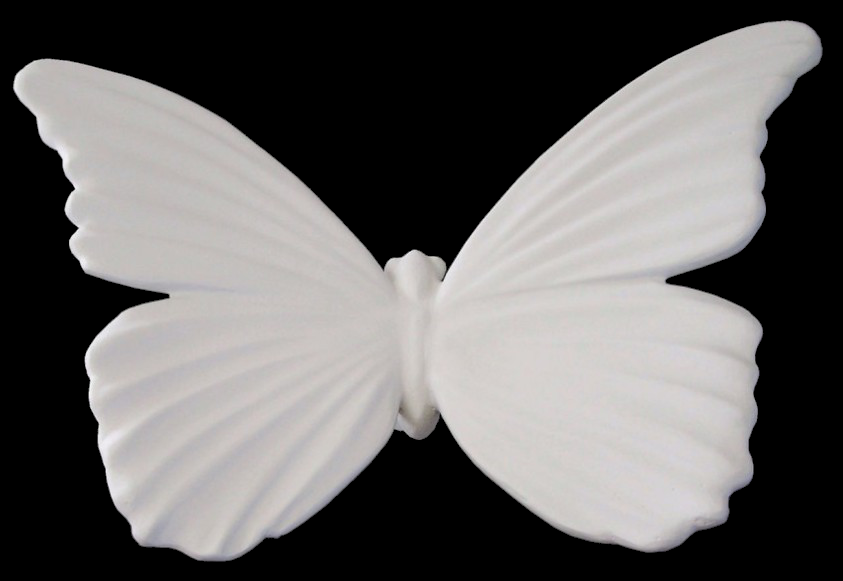 White fiberglass butterfly sculpture facing front with symmetrical textured wings and smooth body at the center.