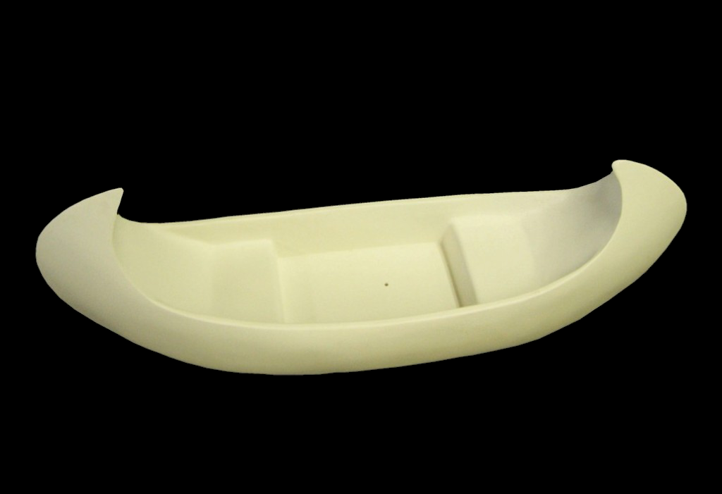 White fiberglass canoe sculpture facing the top-right. It features curved ends, open seating area, and smooth surface.