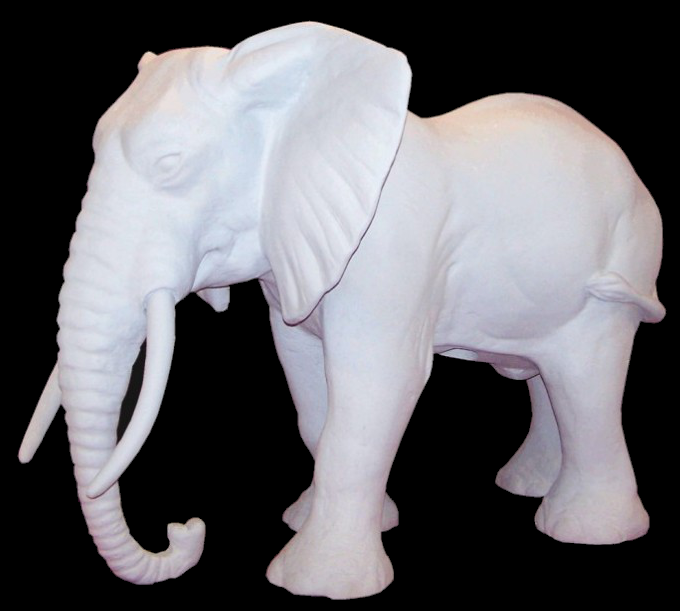 White fiberglass elephant sculpture facing left, featuring large ears, curled trunk, tusks, and textured skin.