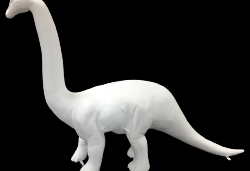 Brachiosaurus dinosaur fiberglass sculpture with curved neck, shown in side profile.