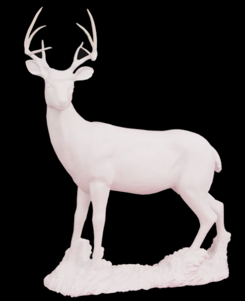 White fiberglass deer statue facing front-left, featuring antlers, slender legs, and a textured ground base.