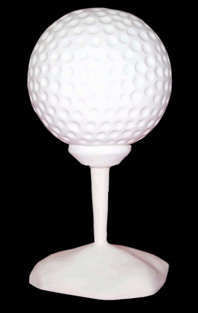 White fiberglass golf ball sculpture facing the front. It features dimpled texture, mounted on a tee with a round base.