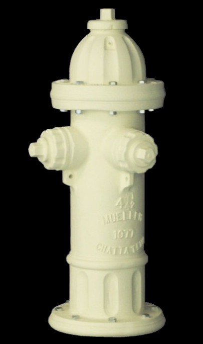 White fiberglass fire hydrant sculpture facing the front-right with embossed text, domed top, and dual side nozzles.