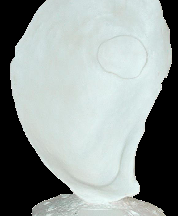 Fiberglass oyster shell sculpture, front view, featuring a textured surface with a smooth base for stability.