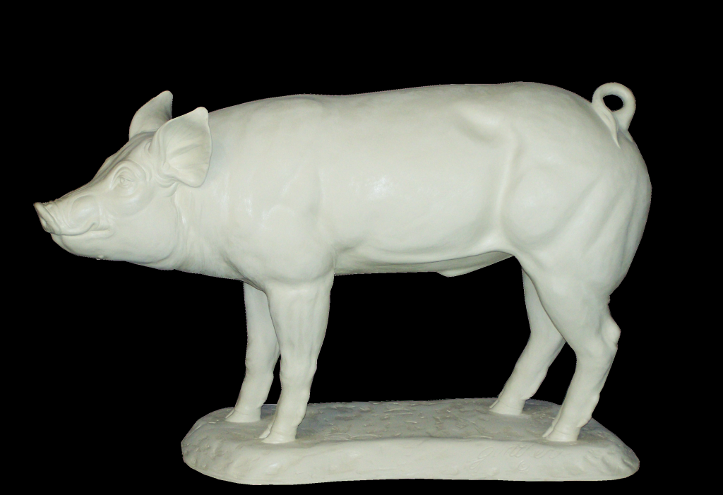 White fiberglass pig statue facing the left. Standing on a textured base with upright ears, curled tail, and smooth body.