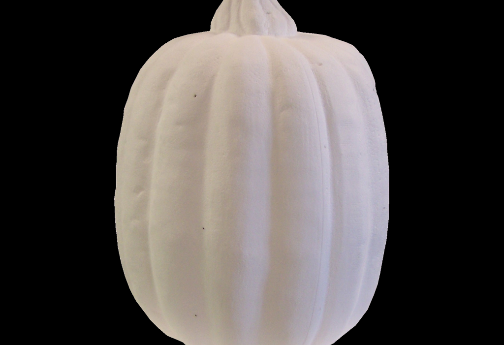 Fiberglass pumpkin sculpture, front view, with a smooth vertical ribbed texture and a short stem on top.