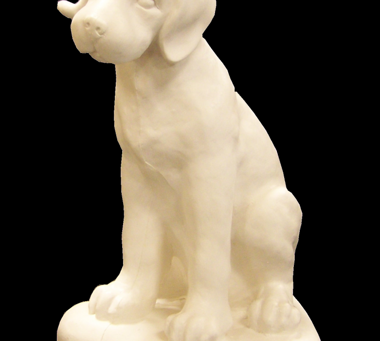 Fiberglass dog statue, front-left angle, featuring a seated pose with realistic detailing on the face and paws.