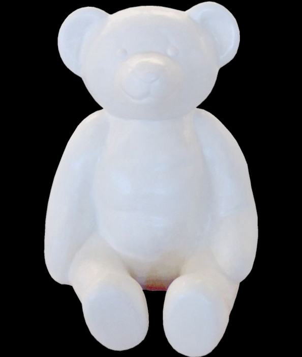 White fiberglass teddy bear statue in a seated position with rounded features and minimal facial details.