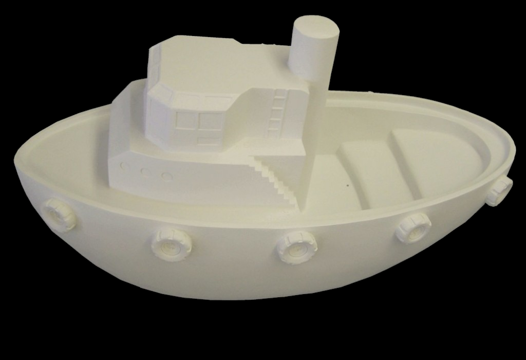 White fiberglass boat sculpture with a raised cabin, smokestack, and molded details like steps and portholes.